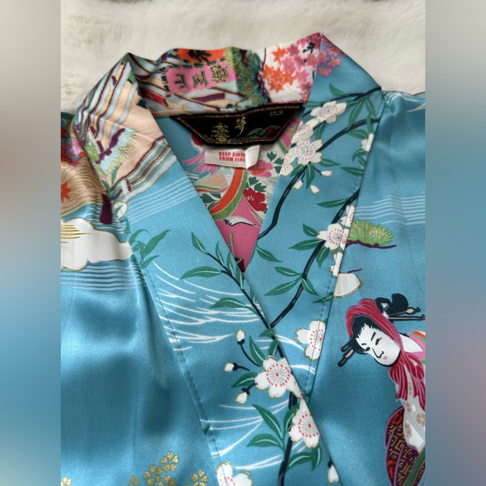 100% Silk Geisha Kimono/Robe Long Blue ,Boat And Floral Motifs-Made in Japen !đ - Picture 6 of 14